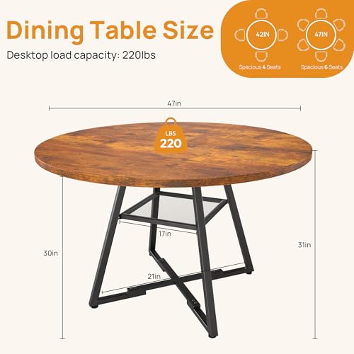 Alpen 47" Round Dining Table for 4-6, Farmhouse Kitchen Table with Storage Shelf, Wood Circle Table with Pedestal Metal Frame, Small Space Table for Apartment, Dining Room, Vintage Brown - color: Rustic Brown, size: 47 Inches