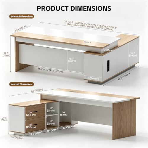 Executive Desk with Storage Cabinet, Modern Office Desk with Side Credenza, Large Manager Desk Workstation for Home Office Business, Durable Wood Desk with Cable Management - color: F3, size: 63*31.5*29.5in