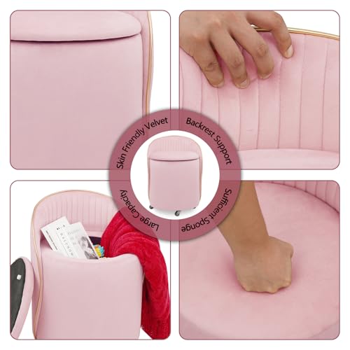 Round Storage Ottoman, Upholstered Velvet Vanity Stool with Lumbar Support, Swivel Rolling Wheels, Small Foot Stools Coffee Table Padded Seat for Makeup Room, Living Room, Bedroom (Pink) - color: Pink