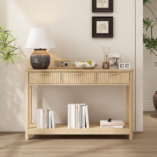 RUSTOWN Fluted Wood Console Table with 3 Drawers, 47.2" Boho Entryway Table | Narrow Behind Couch Sofa Table, Open Storage Shelf, Curved legs, 2 Tier Modern Farmhouse Hallway Table for Living Room, Foyer - color: Natural Wood