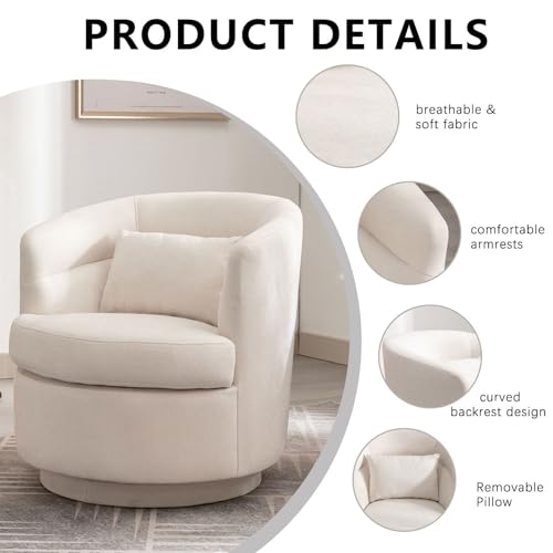 Swivel Accent Chair, 360 Degree Round Swivel Barrel Chair with Pillow, Upholstered Comfy Barrel Armchair Single Club Sofa Chair for Living Room,Bedroom, Reading Room, Beige - color: Beige