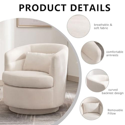 Swivel Accent Chair, 360 Degree Round Swivel Barrel Chair with Pillow, Upholstered Comfy Barrel Armchair Single Club Sofa Chair for Living Room,Bedroom, Reading Room, Beige - color: Beige
