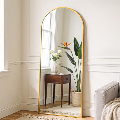 OLIXIS 56"x15.5" Arched Full Length Gold Mirror for Bedroom | Full Body Mirror with Stand, Hanging or Leaning for Wall, Aluminum Alloy Thin Frame Floor Standing for Living Room, Long - color: Gold-arched, size: 56.5"L x 15"W