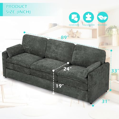 3 Pieces Chenille Sofa Set w/Two Arm Pillows, Grey | Upholstered Loveseat & 2 Pieces 3-Seater Sofa w/Soft Cushions, Modern 2-Seat & 3-Seat w/High-Density Foam for Living Room - color: Grey, size: 69" & 89" & 89" Sofa Set