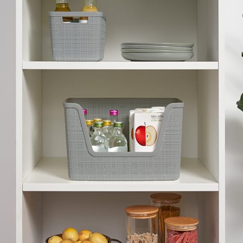 Curver Set of 4 Large 18L Easy Access Jute Decorative Plastic Organization and Storage Baskets - Perfect Bins for Home Office, Closet Shelves, Kitchen Pantry and All Bedroom Essentials, Grey - color: Grey, size: Large Easy Access 18L