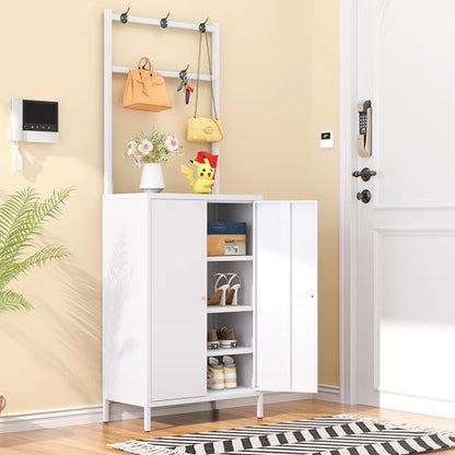 2in1 Hall Tree Shoe Cabinet for Entryway, Hallway, and Living Room,Metal Shoe Coat Rack Cabinet with 3 Adjustable Shelf,Shoe Storage Organizer with Hanging Bar & Hooks (Cabinet With Coat Rack, white) - color: White, style: Cabinet With Coat Rack
