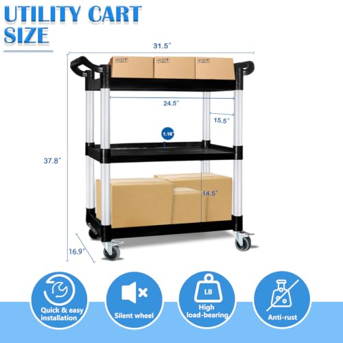 Utility Carts with Wheels, Rolling Kitchen Cart, 3 Tier Cart, Food Service Cart, Restaurant Kitchen Cart, Plastic Heavy Duty Cart for Office Business, 510lbs 16.9" D x 31.5" W x 37.8" H