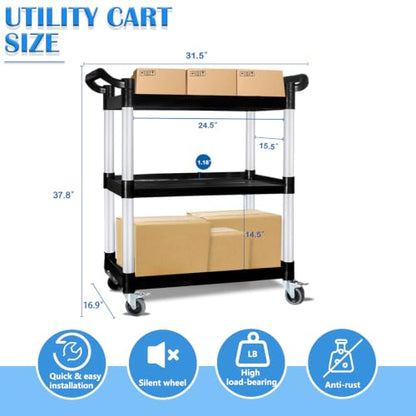 Utility Carts with Wheels, Rolling Kitchen Cart, 3 Tier Cart, Food Service Cart, Restaurant Kitchen Cart, Plastic Heavy Duty Cart for Office Business, 510lbs 16.9" D x 31.5" W x 37.8" H
