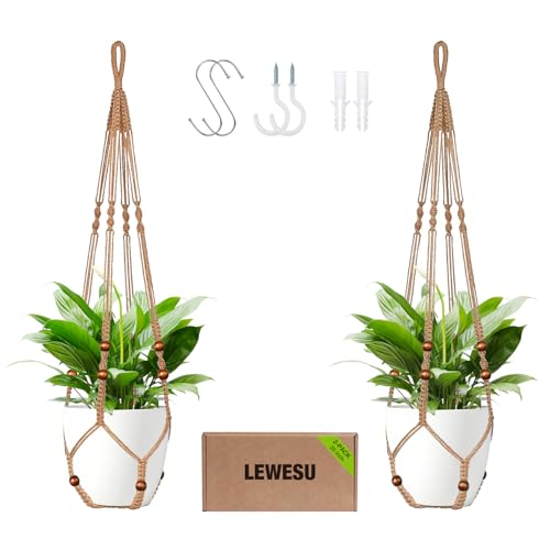 LEWESU Jute Macrame Plant Hanger Indoor Set of 2 Hanging Planter Basket Flower Pot Holder with Decorative Wood Beads & No Tassels for Indoor Outdoor Boho Home Decor, 35 Inch Brown (Pots Not Included) - color: Brown, size: 35" Set of 2