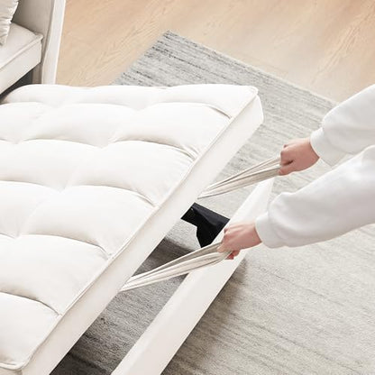 55" Pull Out Sleeper Sofa, Velvet Loveseat with Side Pockets, White | Velvet upholstery, 5-level adjustable back, Pull-out bed design, Sturdy frame with side pockets - color: White
