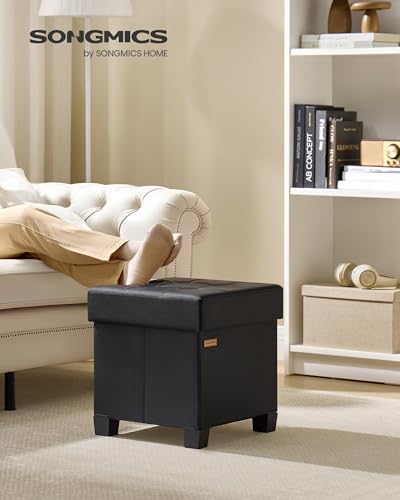 SONGMICS Storage Ottoman, Cube Ottoman with Legs, 15 x 15 x 15.7 Inches, Footstool, Footrest, 10 Gal. (37 L), Synthetic Leather, for Bedroom, Living Room, Dorm, Ink Black ULSF0512B02 - color: Ink Black