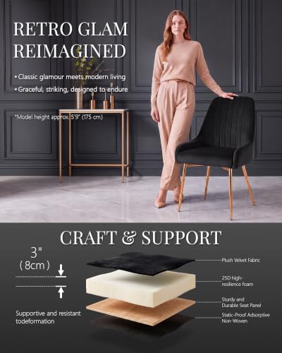 Black Velvet Dining Chairs Set of 2, Modern Kitchen and Vanity Chairs | Modern upholstered vanity chairs with gold metal legs, stain-resistant hand-quilted fabric, high-density foam cushion seat - color: Black, size: Set of 2