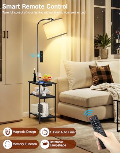 Floor Lamp with Table & Remote, Side End Table with Charging Station, Dimmable Nightstand with 3 Color Temperatures, 1-Hour Timer, 12W LED Bulb, for Living Room, Bedroom(Black) - color: Black