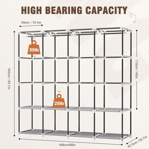 Neatrays Portable Closet, 66 Inch Large Capacity Wardrobe for Closet Organizers and Storage with Non-Woven Fabric Cover, 4 Hanging Rods, 8 Shelves(Grey)