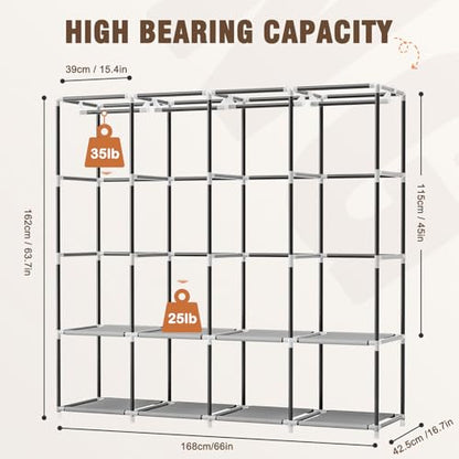 Neatrays Portable Closet, 66 Inch Large Capacity Wardrobe for Closet Organizers and Storage with Non-Woven Fabric Cover, 4 Hanging Rods, 8 Shelves(Grey)