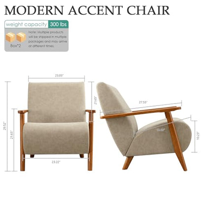 Home Accent Chair Mid Century Modern Accent Chair with Wood Frame, Faux Leather Upholstered Armchair, Reading Chair, for Living Room, Bedroom,Office,Comfy Guest Waiting Room Chairs Beige - color: Beige, size: Faux Leather