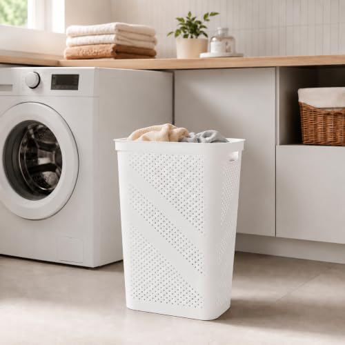 24 Inch Plastic Laundry Hamper with Lid, Slim Ventilated Clothes Basket and Large Dirty Cloth Towel Storage Bin for Laundry Rooms, Bathrooms and College Dorms, White