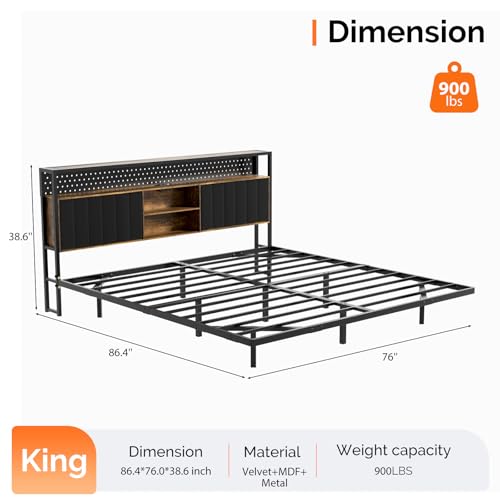 VINGLI King Size Floating Bed Frame with LED Lights and Charging Station, Cozy Hidden Storage Velvet Upholstered Headboard,No Box Spring Needed,Easy Assembly,Black - color: Industrial Brown, size: King