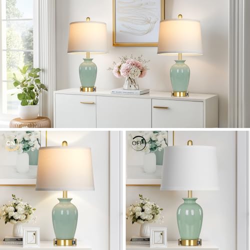 23" Set of 2 Olive Green Ceramic Table Lamp with Pot Design, Bedside USB Lamps for Living Room,Dining Room,Bedroom,Office,Nightstand,End Table - color: Green