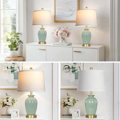 23" Set of 2 Olive Green Ceramic Table Lamp with Pot Design, Bedside USB Lamps for Living Room,Dining Room,Bedroom,Office,Nightstand,End Table - color: Green