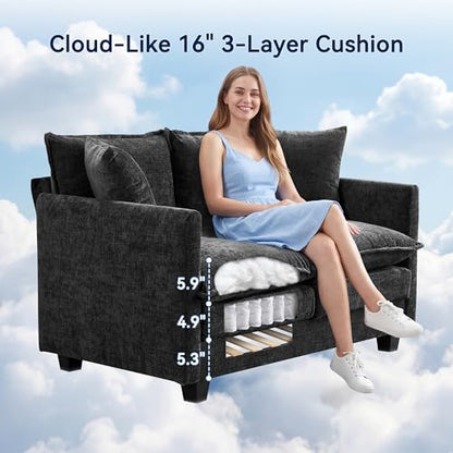 Loveseat Sofa Couch 2 Piece Set, Small Compact 50" Love Seat 27" Deep Cloud Sofa Set Washable Chenille Pillow Living Room Set for Apartment Office 50-Black-2+2 - color: Black, size: 50"+50"