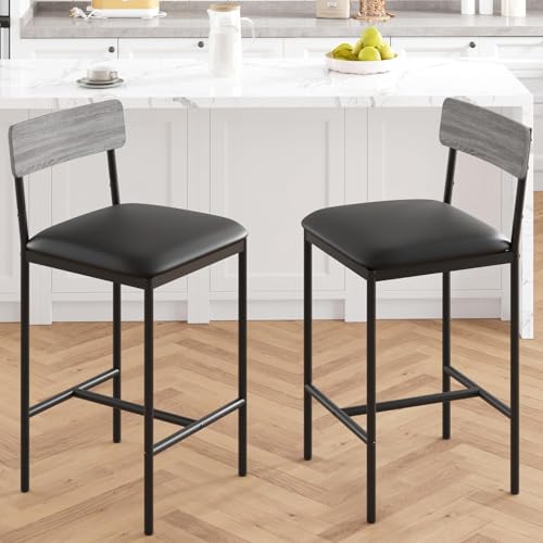 Bar Stools Set of 2, Kitchen Bar Stools with Footrest, Upholstered Bar Chairs with Back, 2 Counter Height Barstools for Counter Bar, Island - color: Grey（chair）