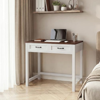 Small Writing Desk with 2 Drawers, Two-Tone Farmhouse Computer Desk with Storage, 31.5" Compact Study Table for Home Office Small Space, White & Walnut