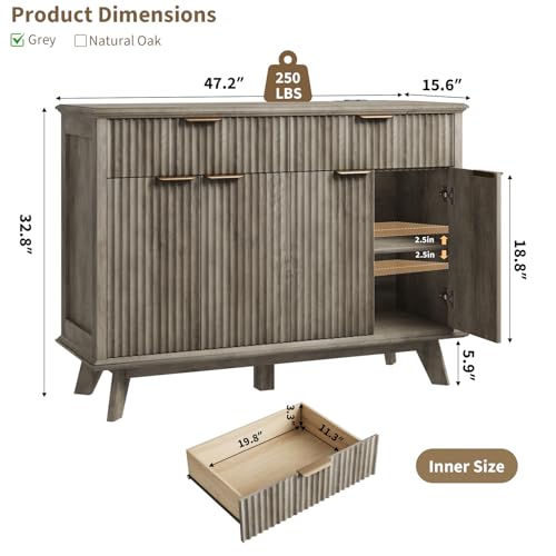 Fluted Buffet Sideboard Cabinet with Storage, 47.2" Kitchen Cabinet with Drawers and Adjustable Shelves, Modern Coffee Bar with Charging Station, for Dining Room, Living Room, Grey