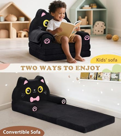 Foryoomi Kids Couch, 2-in-1 Soft Toddler Couch Fold Out with Blanket, Chair Comfy, Foldable Convertible Plush Sofa, Gifts for Kids Girl Boys, Black Cat - color: Black