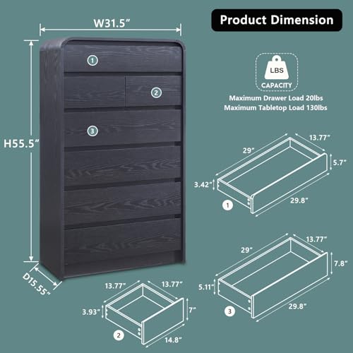 Aitjunz Modern 7 Drawers Dresser for Bedroom, 55" Tall Dressers & Chest of Drawers w/Curved Profile Design, Wood Mid Century Vertical Storage Dressers Organizer for Bedroom, Living Room, Black - color: Black, size: 15.5"D x 31.5"W x 55.5"H (7 Drawers)
