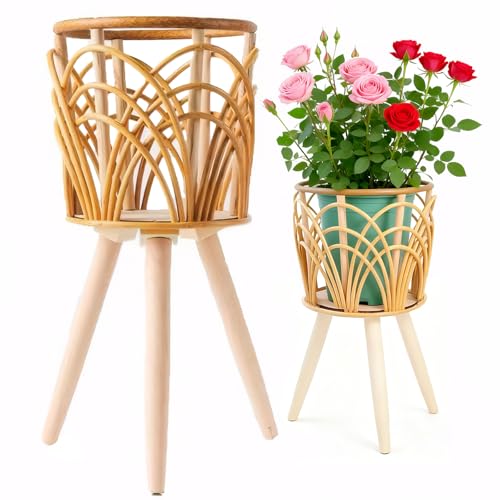 Boho Rattan Plant Stand Indoor Outdoor - Set of 2 (Small & Medium) Wicker Planter Shelf for Multiple Plants, Mid-Century Modern Wooden Flower Pot Holder with Stand, Farmhouse Home Decor for Living Room, Balcony, Patio