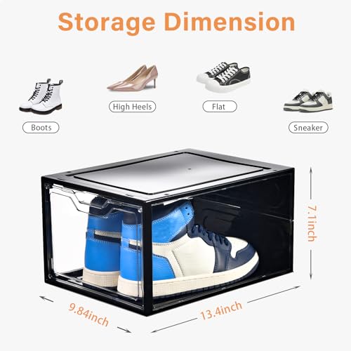 Stebopum 12 Pack Stackable Shoe Storage Organizer with Magnetic Door, Shoe Boxes Clear Black Plastic for Closet, Shoe Rack for Sneaker Boot Container, Shoe Cabinet Fit up to US Size 12 - color: Clear and Black, size: 12 Count Fit Size 12