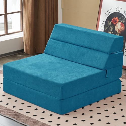 jela Foldable Sofa Bed, Convertible Sleeper Lounge Chair Floor Mattress Floor Couch with Backrest, Fold Out Futon with Washable Miss Fabric Cover for Guest Room, Living Room (83"x33",Teal) - color: Miss Fabric Light Blue