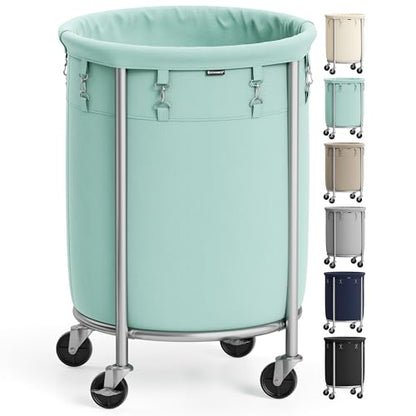 SONGMICS 29-Gallon (110 L) Laundry Basket with Wheels, Rolling Round Heavy-Duty Laundry Hamper Cart with Steel Frame and Removable Bag, 2 Locking Wheels, Mint Green and Metallic Silver URLS002C01 - color: Mint Green + Metallic Silver, size: 110 L (1-Secti