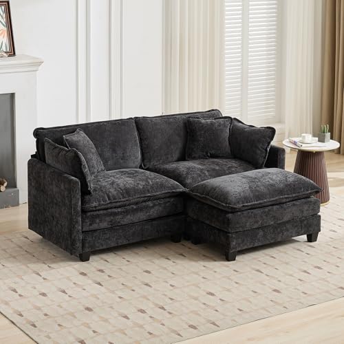 76.7” Oversized Black Loveseat Sofa, 2 Seater Large Sectional Couches for Living Room, Chenille Fabric Modular Sectional Sofa with 1 Ottoman, Deep Seat Home Sofas Set, Love Seat Couches - color: Black, size: 2 Seater + 1 Ottoman