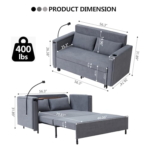 Pull Out Sofa Bed, 2-in-1 Multi-Functional Sleeper Couch Small Loveseat Bed with Hidden Side Table, Phone Holder and Cup Holder for Living Room, Small Space, Apartment (Grey) - color: 2-in-1 Grey 2 Seater