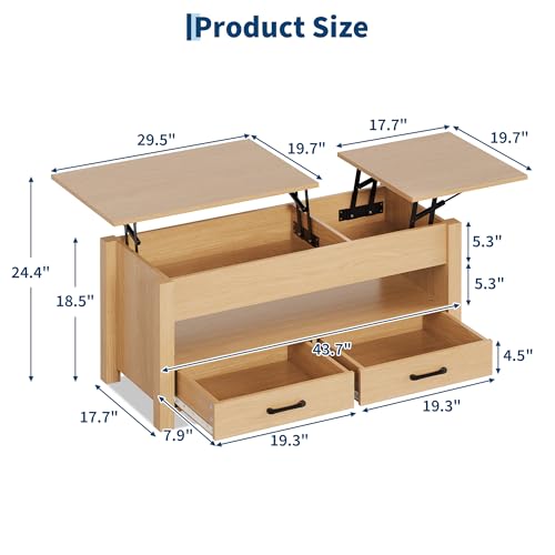Multifunctional Lift Top Coffee Table, Convertible Wooden Coffee Table with 2 Drawers & Hidden Compartment, Storage Center Table for Living Room Home Office,Natural - color: Natural Wood