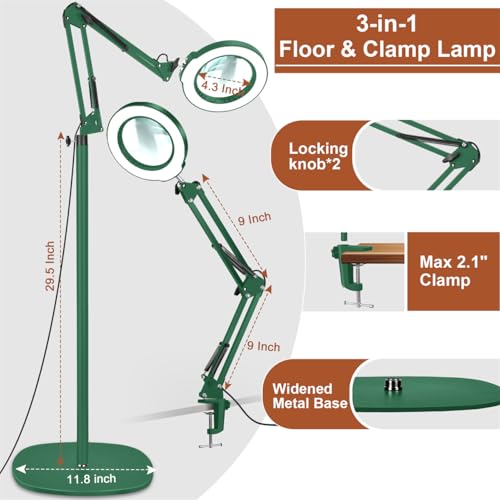 LANCOSC 15X Magnifying Glass with Light and Stand, 3-in-1 Adjustable Swing Floor Lamp, 5 Color Modes Stepless Dimmable, LED Lighted Hands Free Magnifier & Clamp for Reading, Crafts, Painting - Green - color: Green
