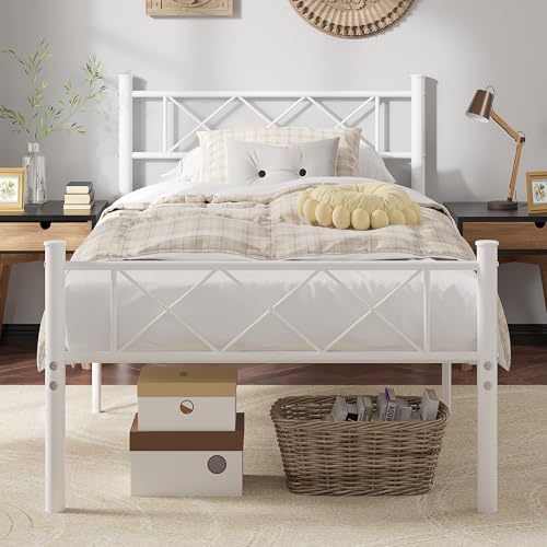 VECELO Twin Size Bed Frame with Headboard, Heavy Duty Bedframe with Strong Metal Slats, No Box Spring Needed & Easy Assembly, Pure White - color: Pure White, size: Twin