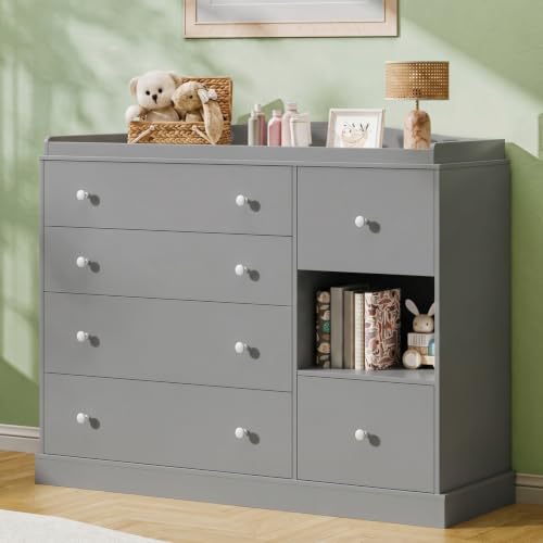 Kids Dresser Cabinet with 6 Drawers, Changing Table for Nursery with Shelf, Multi-Functional Chest of Drawers, Kids Bedroom Furniture, Nightstand for Children's Room, Grey - color: Grey