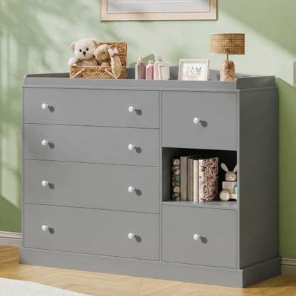 Kids Dresser Cabinet with 6 Drawers, Changing Table for Nursery with Shelf, Multi-Functional Chest of Drawers, Kids Bedroom Furniture, Nightstand for Children's Room, Grey - color: Grey