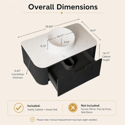 36" Floating Bathroom Vanity with Sink, Wall Mounted Plywood Cabinet, Black Fluted Front, Sintered Stone Countertop, White Round Ceramic Vessel Sink, Soft-Close Drawer, Pre-Assembled - color: Black Cabinet / White Sink, size: 36 Inch