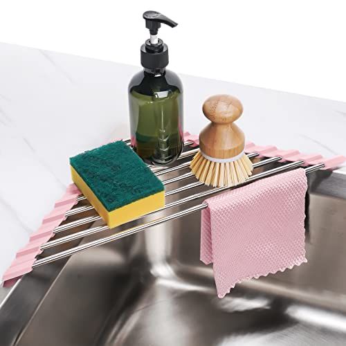 Tomorotec Triangle Foldable Dish Drying Rack, Small Roll-Up Stainless Steel Over Sink Drainer for Kitchen Sink Corner, Rustproof Multipurpose Organizer(Pink) | BPA-Free Food-Grade Silicone Edges Foldable Waterproof Rustproof Heavy-Duty Space Saver Heat Re