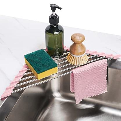 Tomorotec Triangle Foldable Dish Drying Rack, Small Roll-Up Stainless Steel Over Sink Drainer for Kitchen Sink Corner, Rustproof Multipurpose Organizer(Pink) | BPA-Free Food-Grade Silicone Edges Foldable Waterproof Rustproof Heavy-Duty Space Saver Heat Re