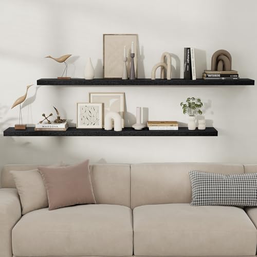 Fun Memories Floating Shelves for Wall, 66 Inch Long Set of 2 Rustic Wood Wall Shelves with Invisible Brackets, Heavy Duty Storage Display for Living Room Bedroom Kitchen, Black - color: Black, size: 66"W x 8"D, Set of 2