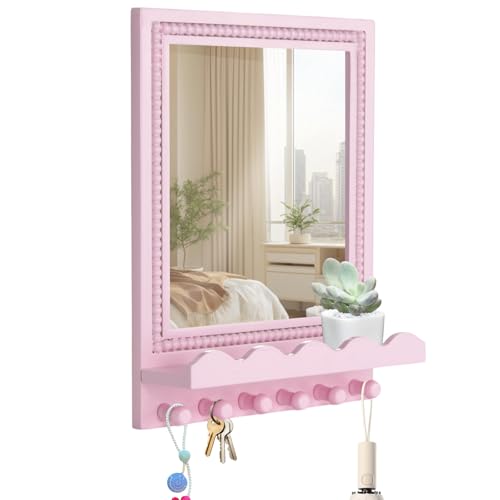 Tirzah 16x12 Inch Wall Mount Beaded Wood Framed Mirror with Shelf and 6 Hooks, Pink Decorative Entryway Mirror with Storage for Laundry Room, Bathroom, Bedroom - color: Pink