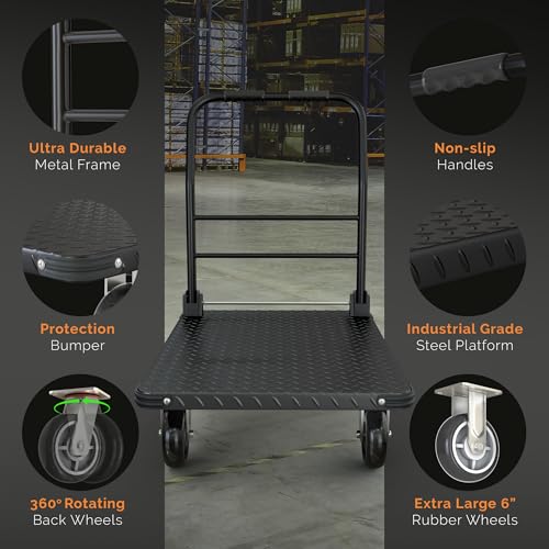 2200 lbs. Capacity Foldable Push Cart Dolly | Moving Platform Hand Truck | Heavy Duty Space Saving Collapsible | Swivel Flat Bed Wagon - Furniture Luggage Lifting - color: Black, size: 2200 lbs. Capacity