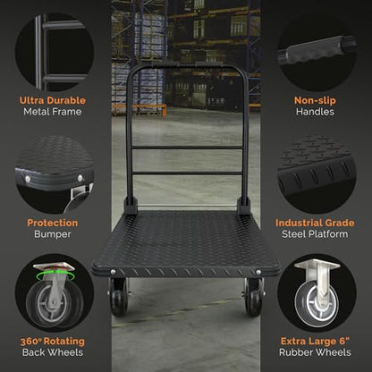 2200 lbs. Capacity Foldable Push Cart Dolly | Moving Platform Hand Truck | Heavy Duty Space Saving Collapsible | Swivel Flat Bed Wagon - Furniture Luggage Lifting - color: Black, size: 2200 lbs. Capacity
