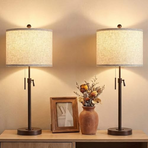 Qingmiao Table Lamps Set of 2, 22" to 30" Adjustable Nightstand Lamps for Bedroom, Dimmable End Table Lamps for Living Room Console Entry Farmhouse Home Decor, New House Warming Gifts - color: Brown