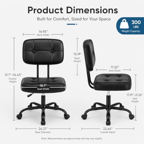 Armless Drafting Chair, Ergonomic PU Leather Home Office Computer Task Chair with Lumbar Support, Height Adjustable Swivel Rolling Chair for Small Spaces, Vanity, Bedroom, Study, Living Room, Black - color: Black -Basic